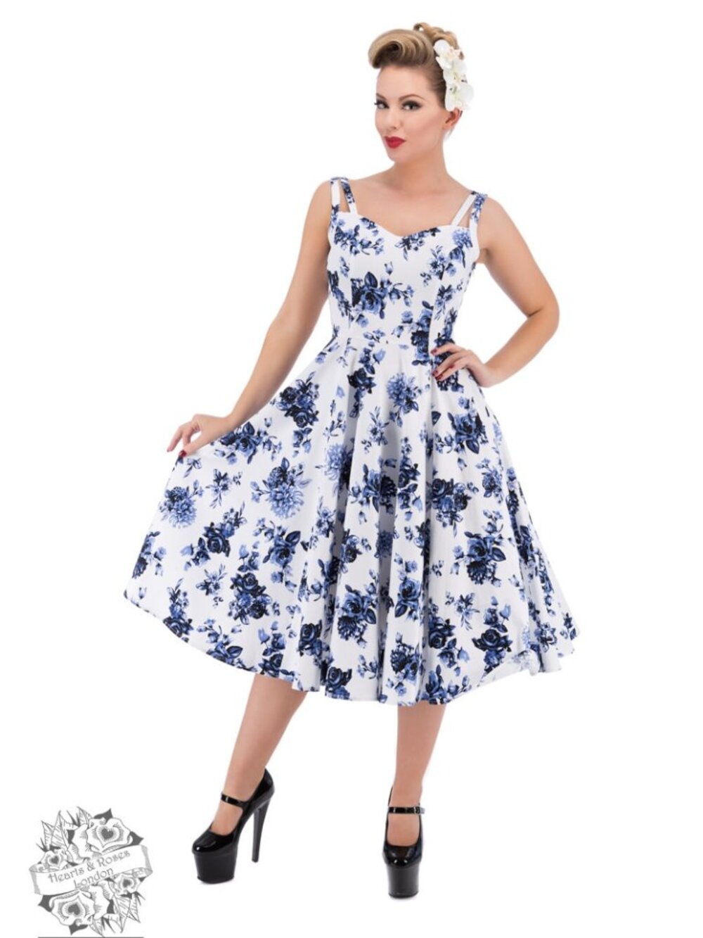 Hearts & Roses White Blue Floral Fit Flare Rosaceae Rockabilly Dress US 14 UK 18